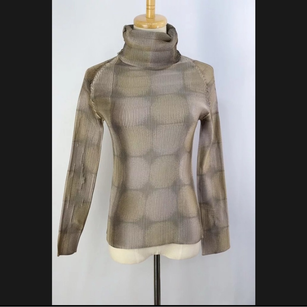 Issey Miyake Tan and Silver Turtleneck Sweater with Cowl Neck